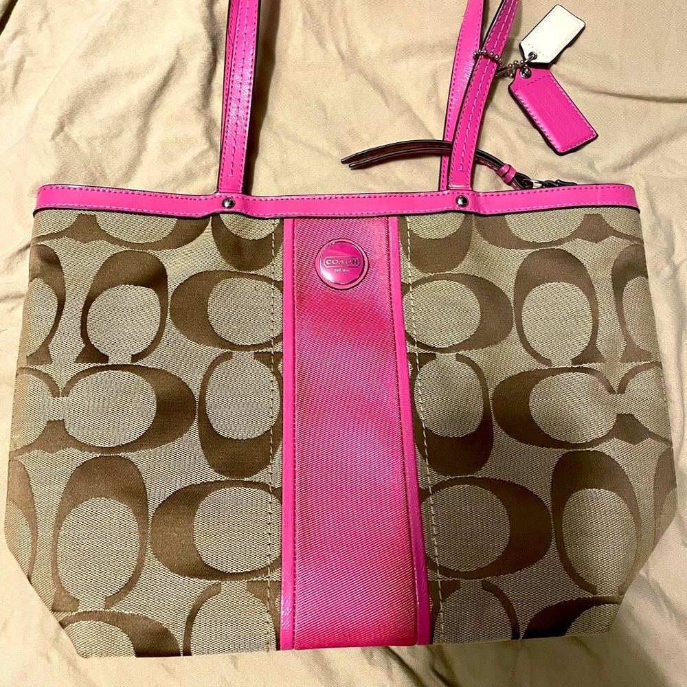 Coach Pink Signature Strip Brown and Tan Tote